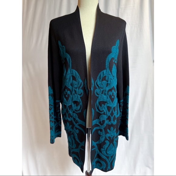 [SOLD] CHICOS Black Long-Sleeve Cardigan with Blue Design - Picture 1 of 5
